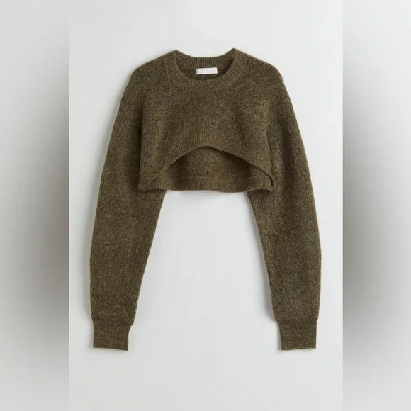 NWOT Dark khaki green crop sweater - Picture 2 of 2
